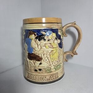 Vintage Ceramic Beer Stein Mug 1/2 Gallon Ale Tavern Scene Japan